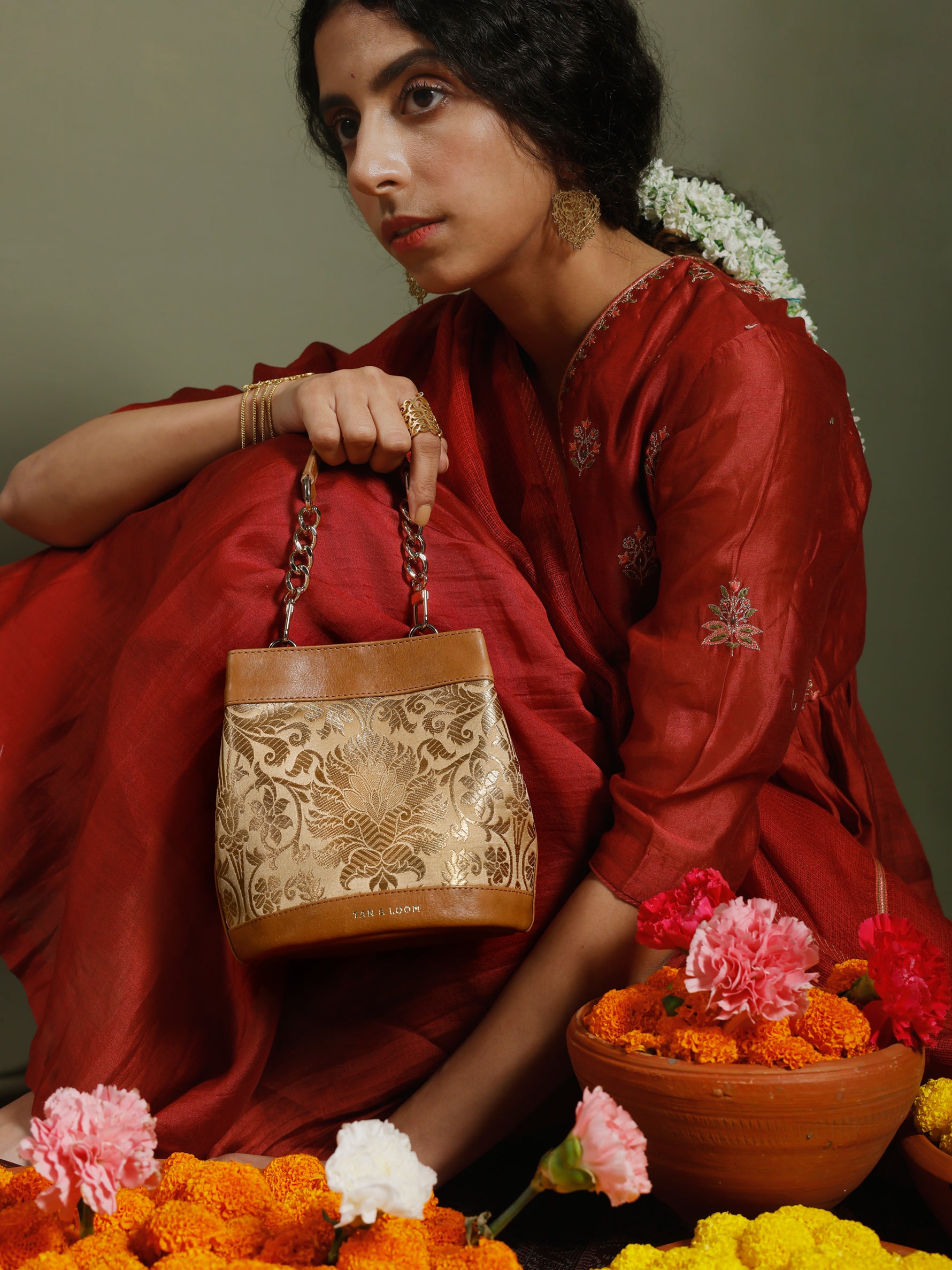 Handcrafted Golden Genuine Leather & Banarasi Brocade Rani Batua for Women Tan & Loom
