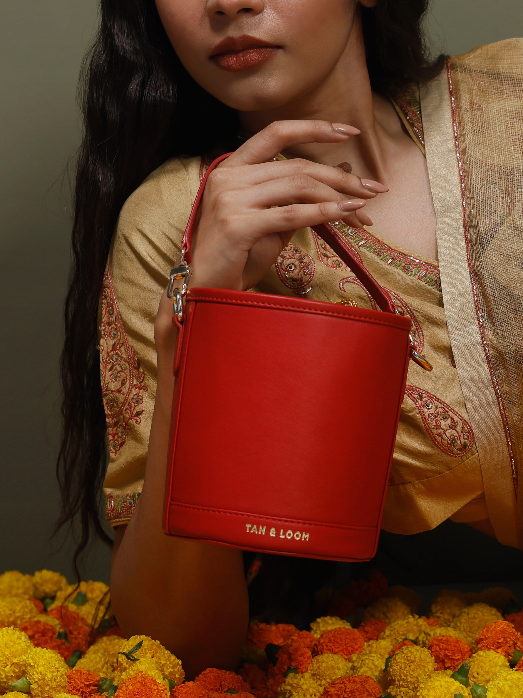 Handcrafted Red Genuine Leather Cylinder Potli Bag for Women Tan & Loom