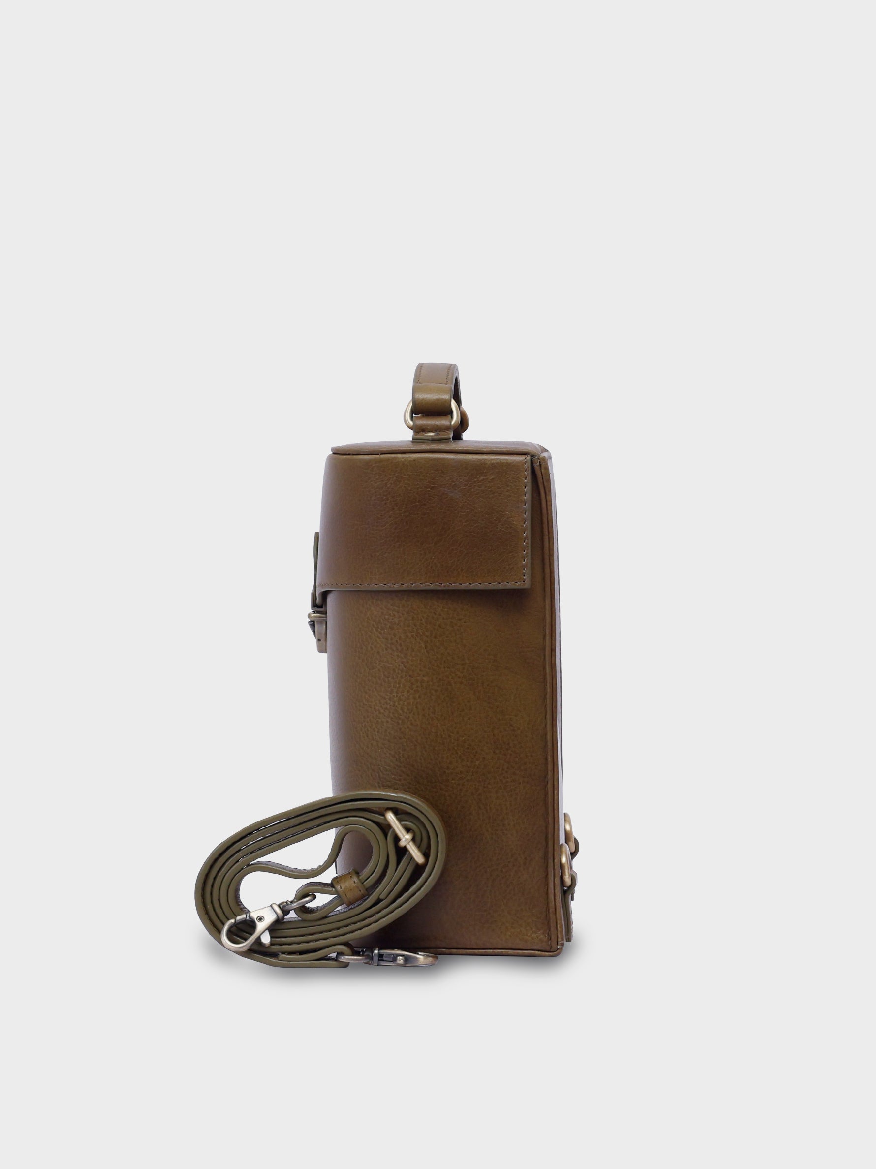 Handcrafted Genuine Vegetable Tanned Leather Letter Box Backpack Olive Green for Women Tan & Loom