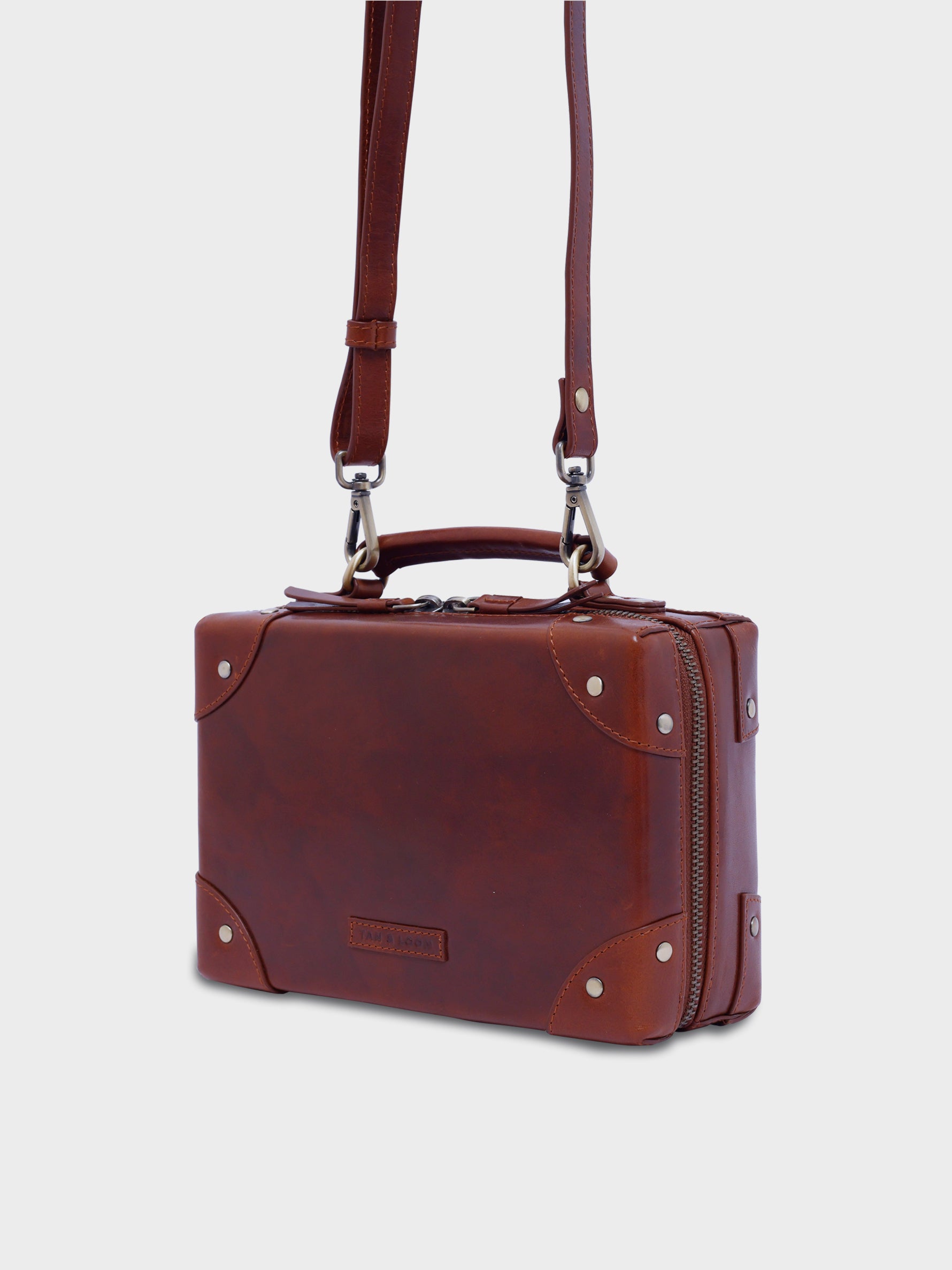 Handcrafted Genuine Vegetable Tanned Leather Traveller's Trunk Mini Sling Vintage Brown for Women Tan & Loom
