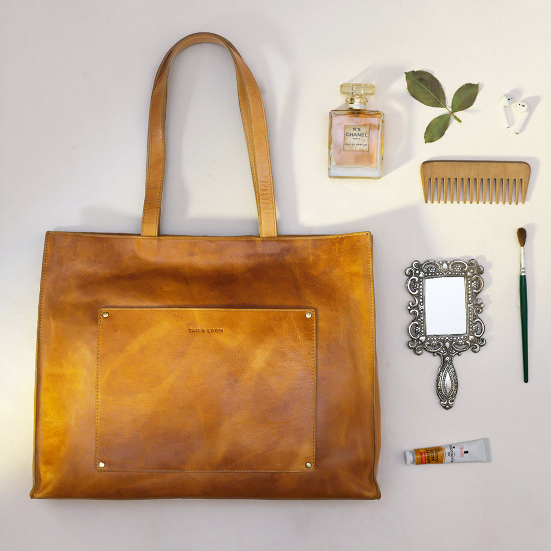 Handcrafted Genuine Vegetable Tanned Leather Artist's Tote Vintage Brown for Women Tan & Loom