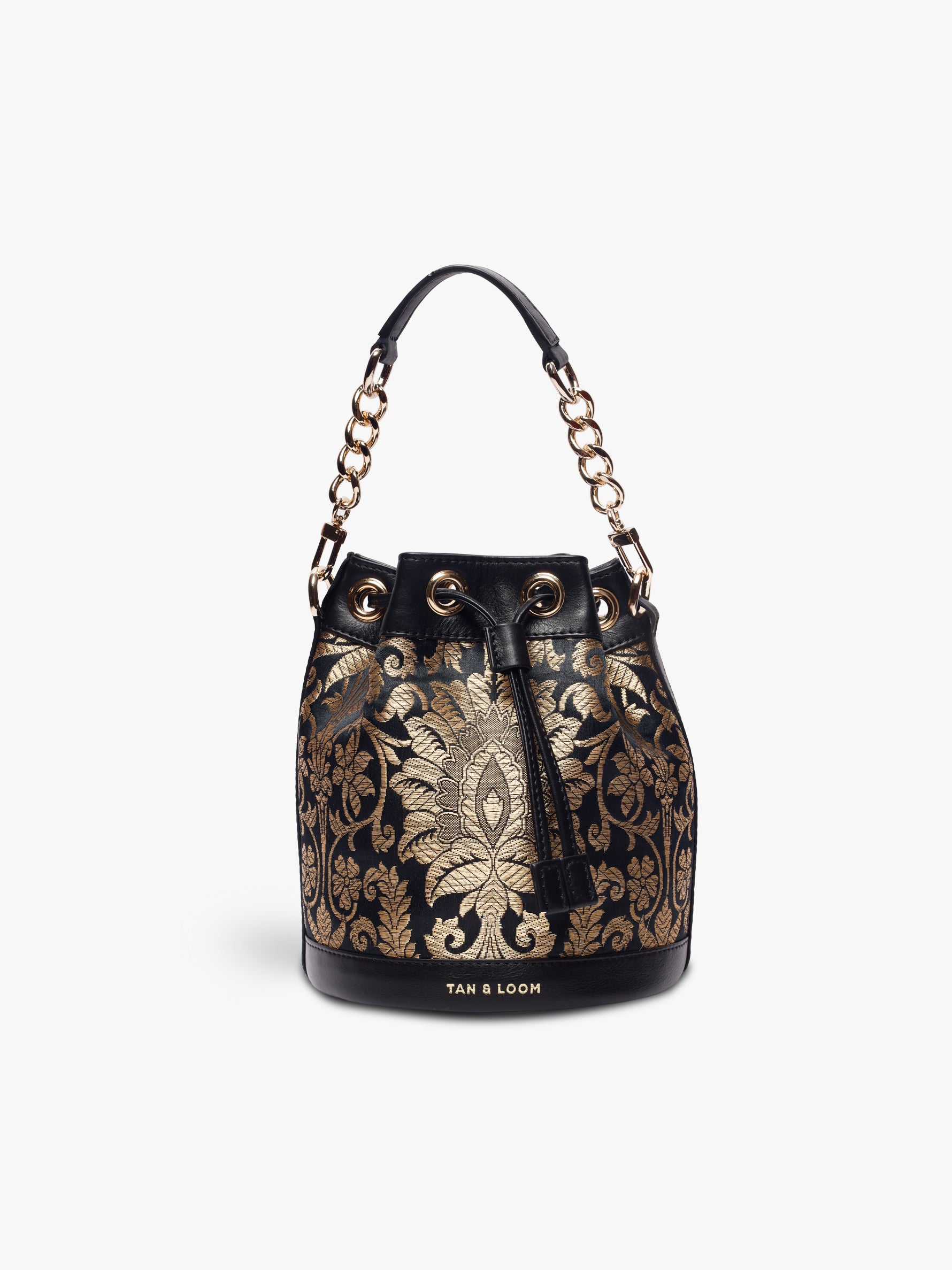 Handcrafted Black Genuine Leather & Banarasi Brocade Bombay Bucket Bag for Women Tan & Loom