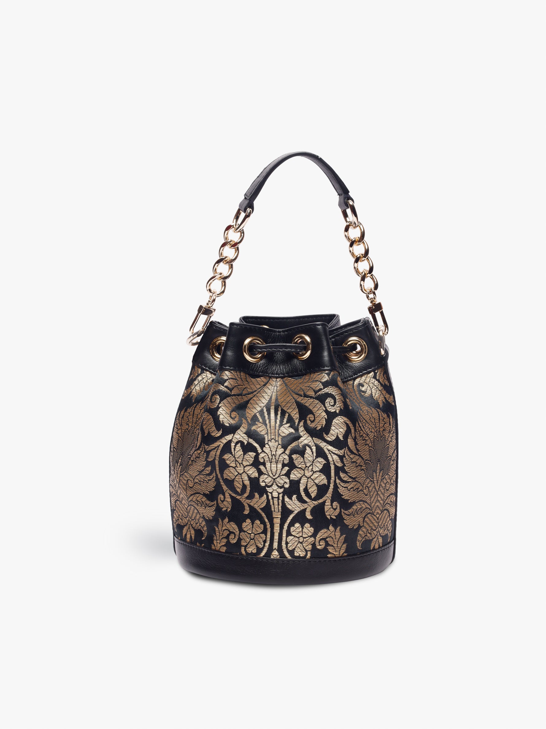 Handcrafted Black Genuine Leather & Banarasi Brocade Bombay Bucket Bag for Women Tan & Loom