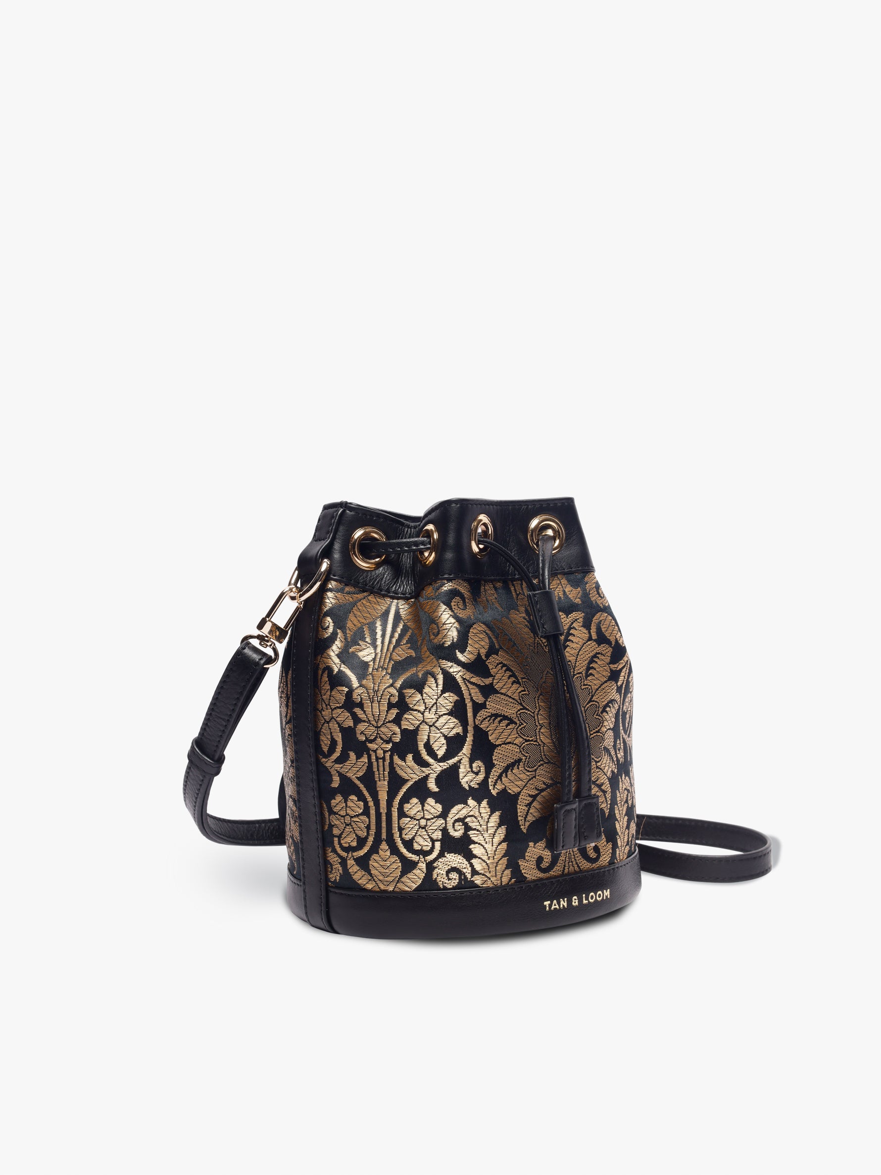 Handcrafted Black Genuine Leather & Banarasi Brocade Bombay Bucket Bag for Women Tan & Loom