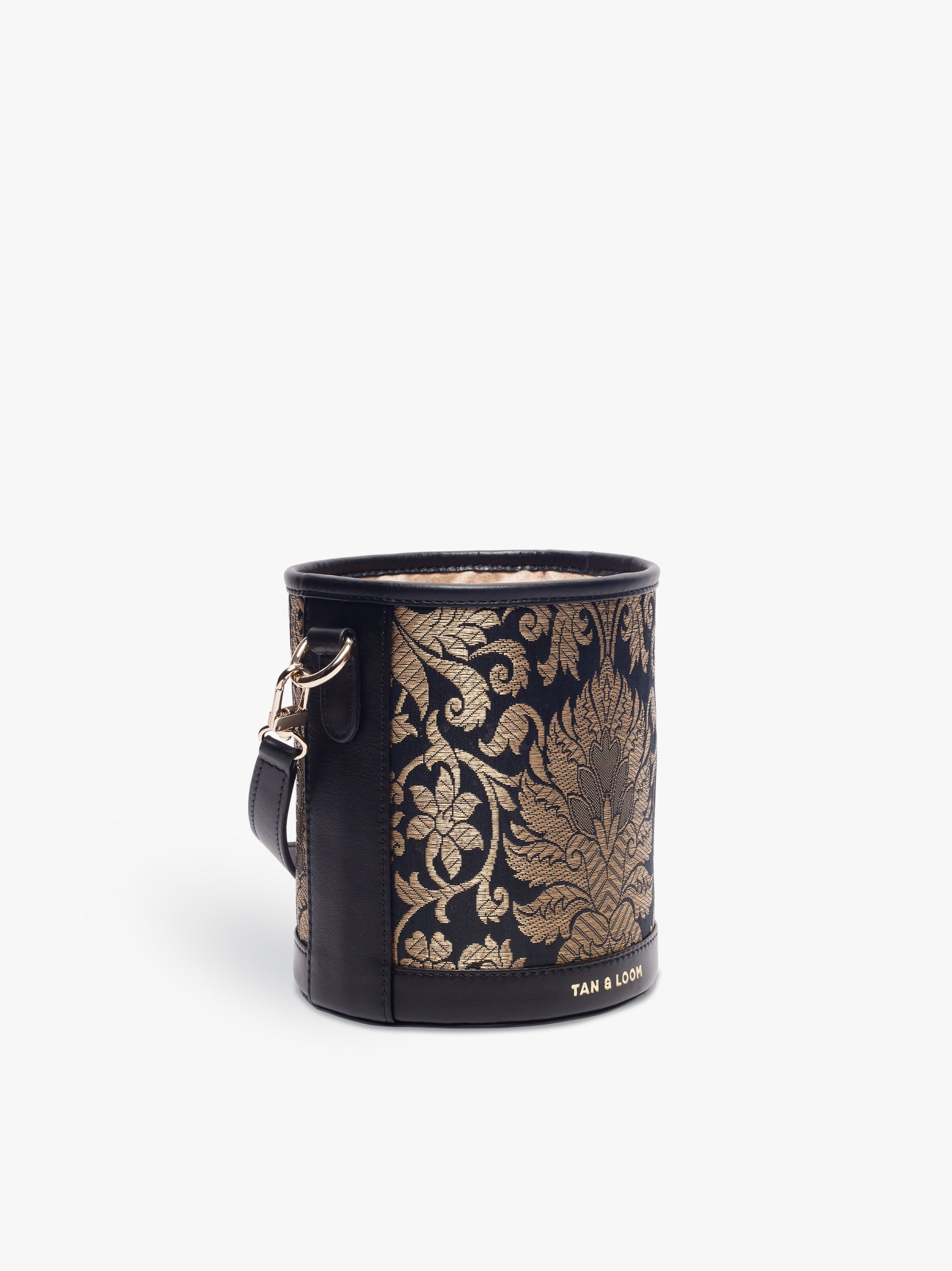 Handcrafted Black Genuine Leather & Banarasi Brocade Cylinder Potli Bag for Women Tan & Loom 