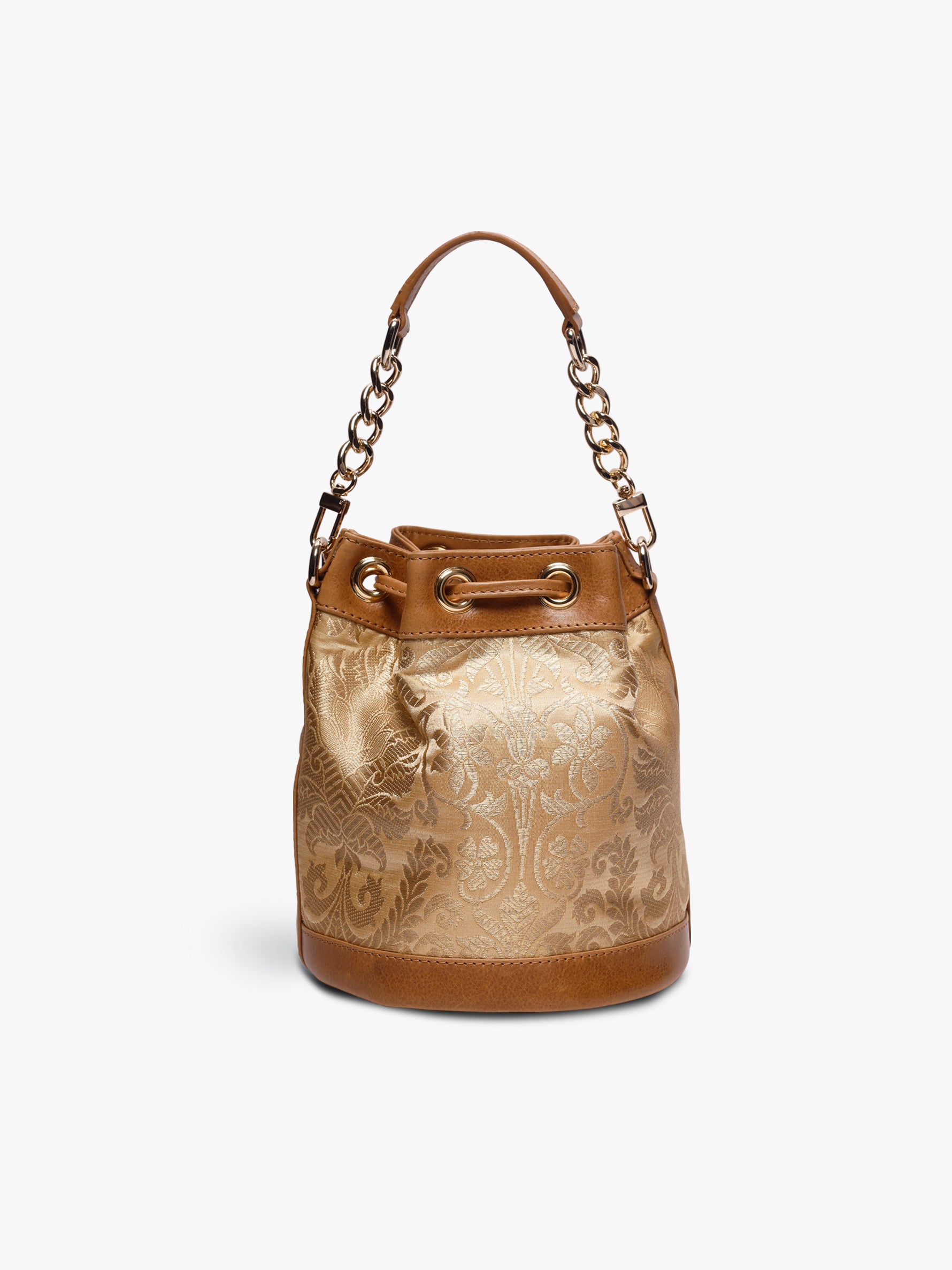 Handcrafted Golden Genuine Leather & Banarasi Brocade Bombay Bucket Bag for Women Tan & Loom