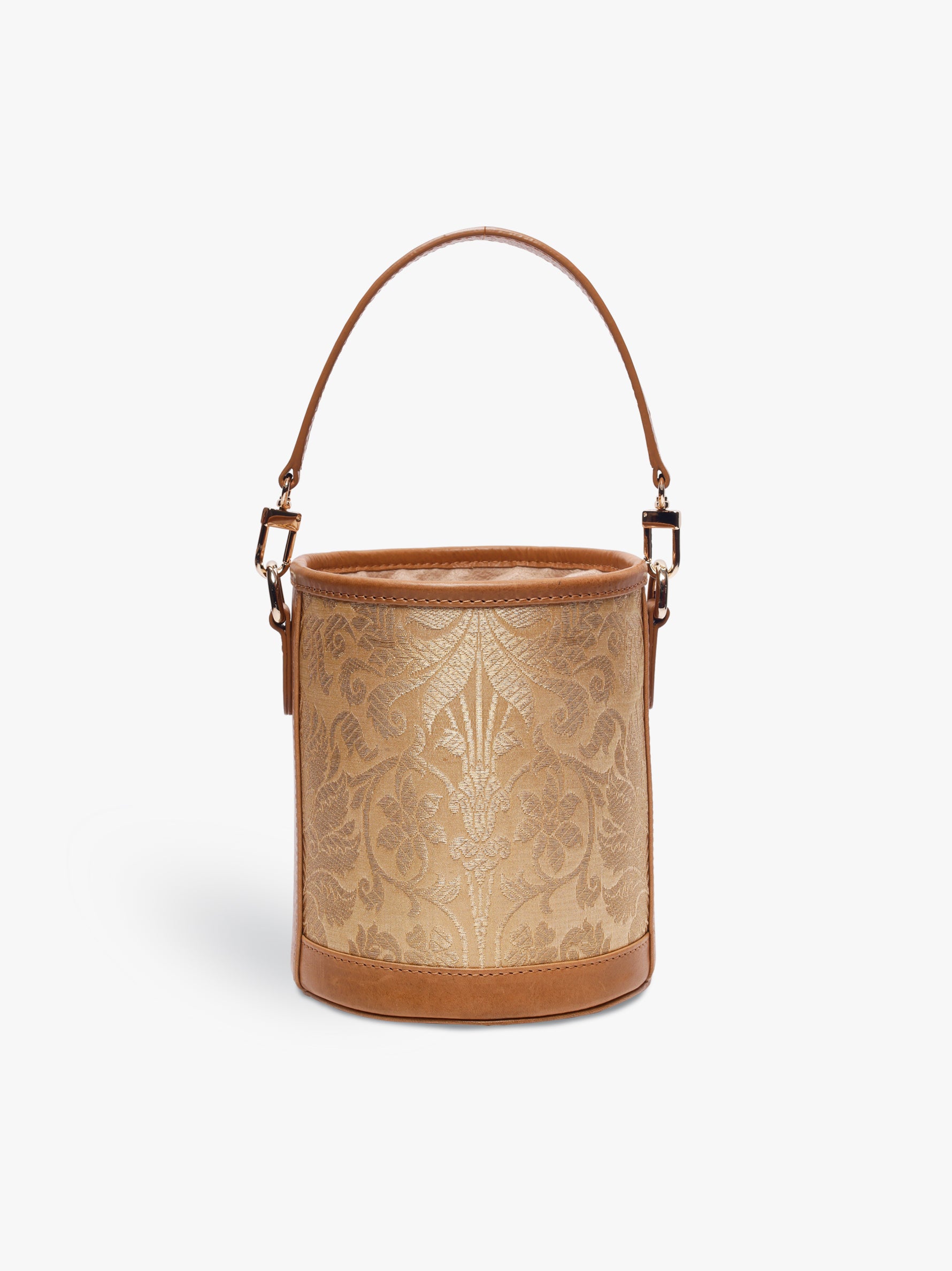 Handcrafted Golden Genuine Leather & Banarasi Brocade Cylinder Potli Bag for Women Tan & Loom 