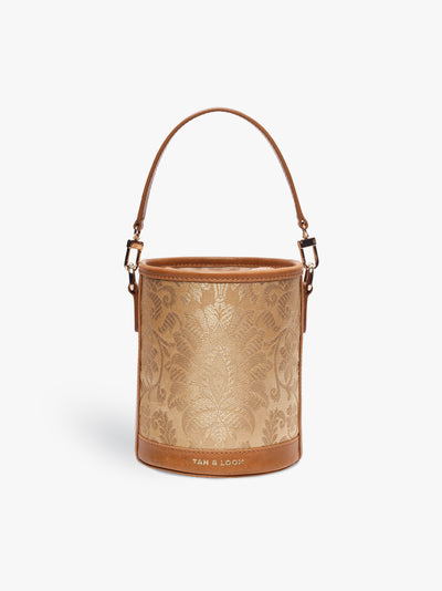 Handcrafted Golden Genuine Leather & Banarasi Brocade Cylinder Potli Bag for Women Tan & Loom 