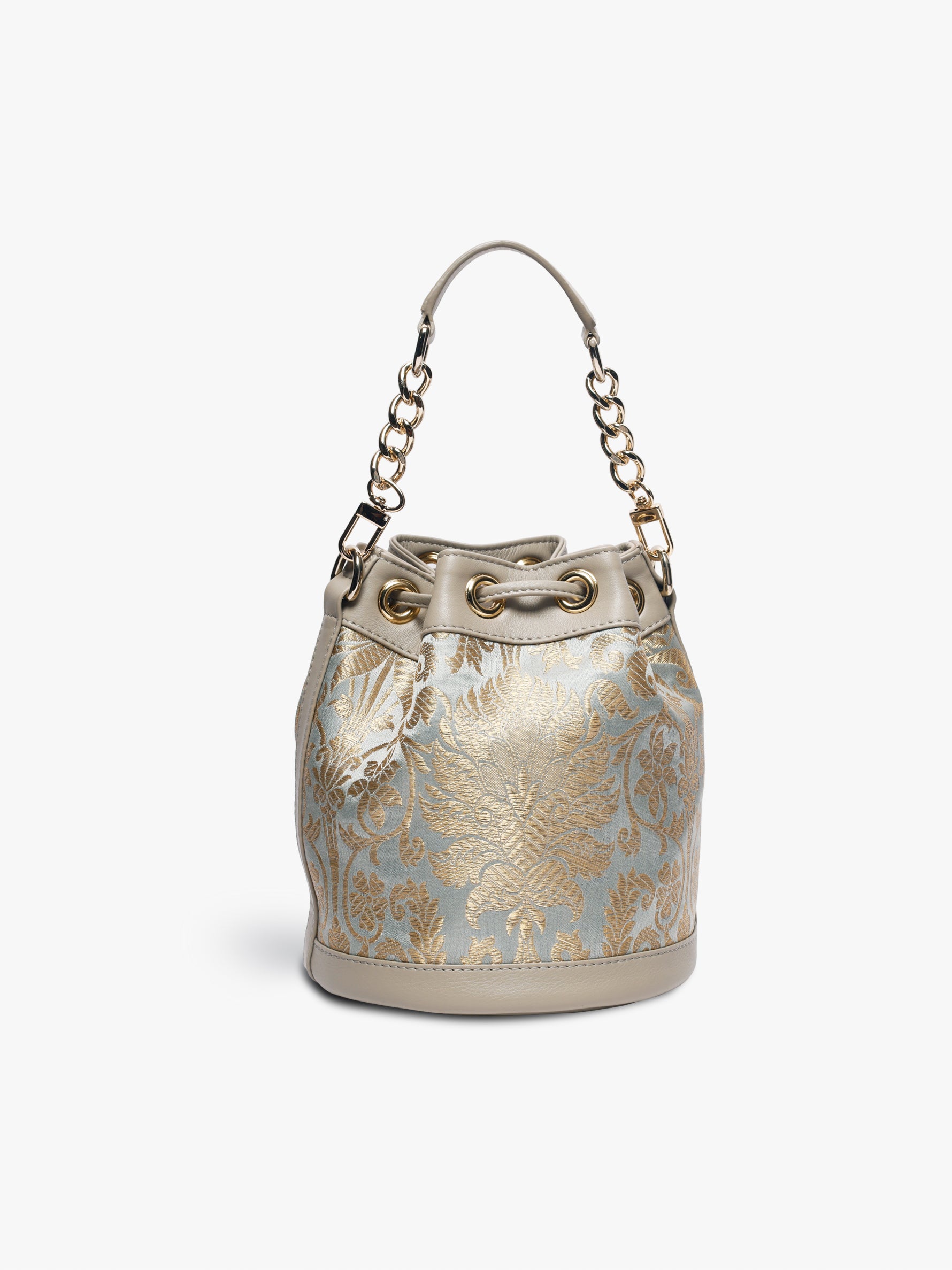 Handcrafted Mint Grey Genuine Leather & Banarasi Brocade Bombay Bucket Bag for Women Tan & Loom
