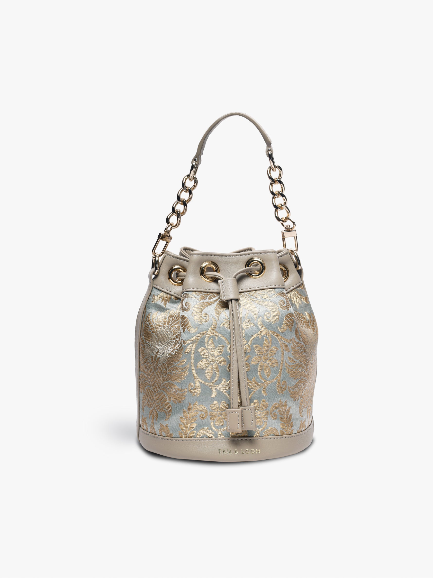 Handcrafted Mint Grey Genuine Leather & Banarasi Brocade Bombay Bucket Bag for Women Tan & Loom