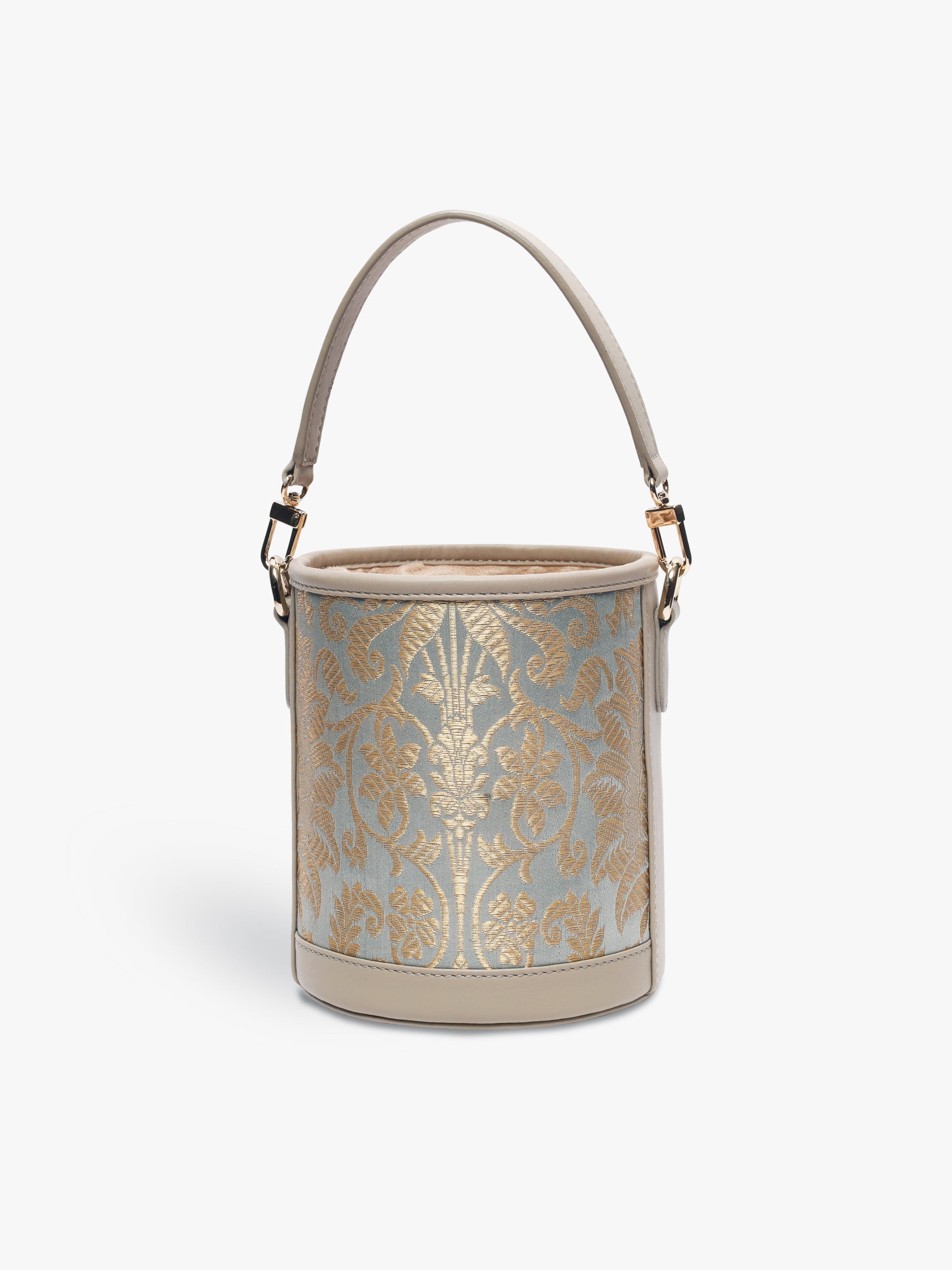 Handcrafted Mint Grey Genuine Leather & Banarasi Brocade Cylinder Potli Bag for Women Tan & Loom