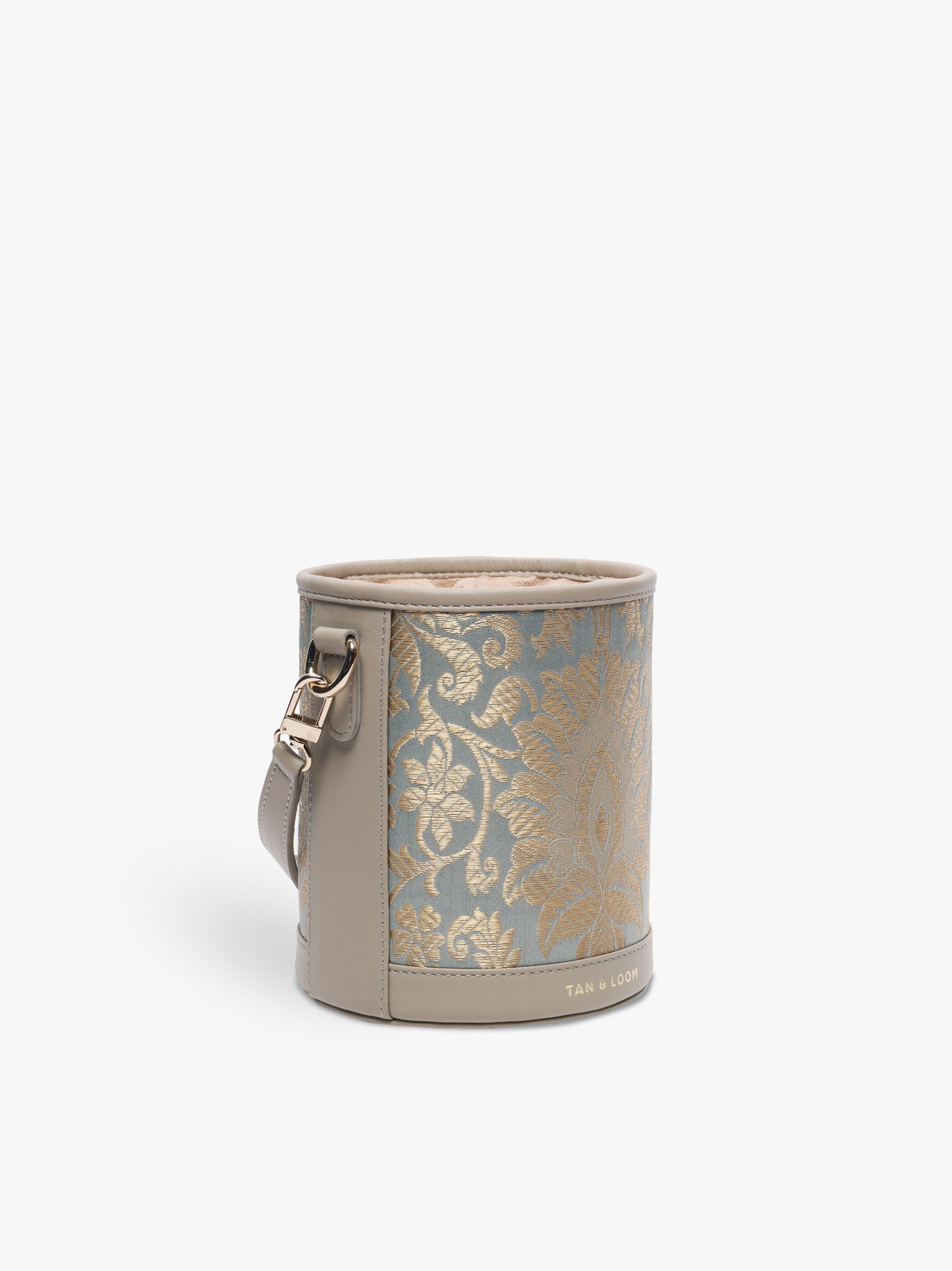 Handcrafted Mint Grey Genuine Leather & Banarasi Brocade Cylinder Potli Bag for Women Tan & Loom