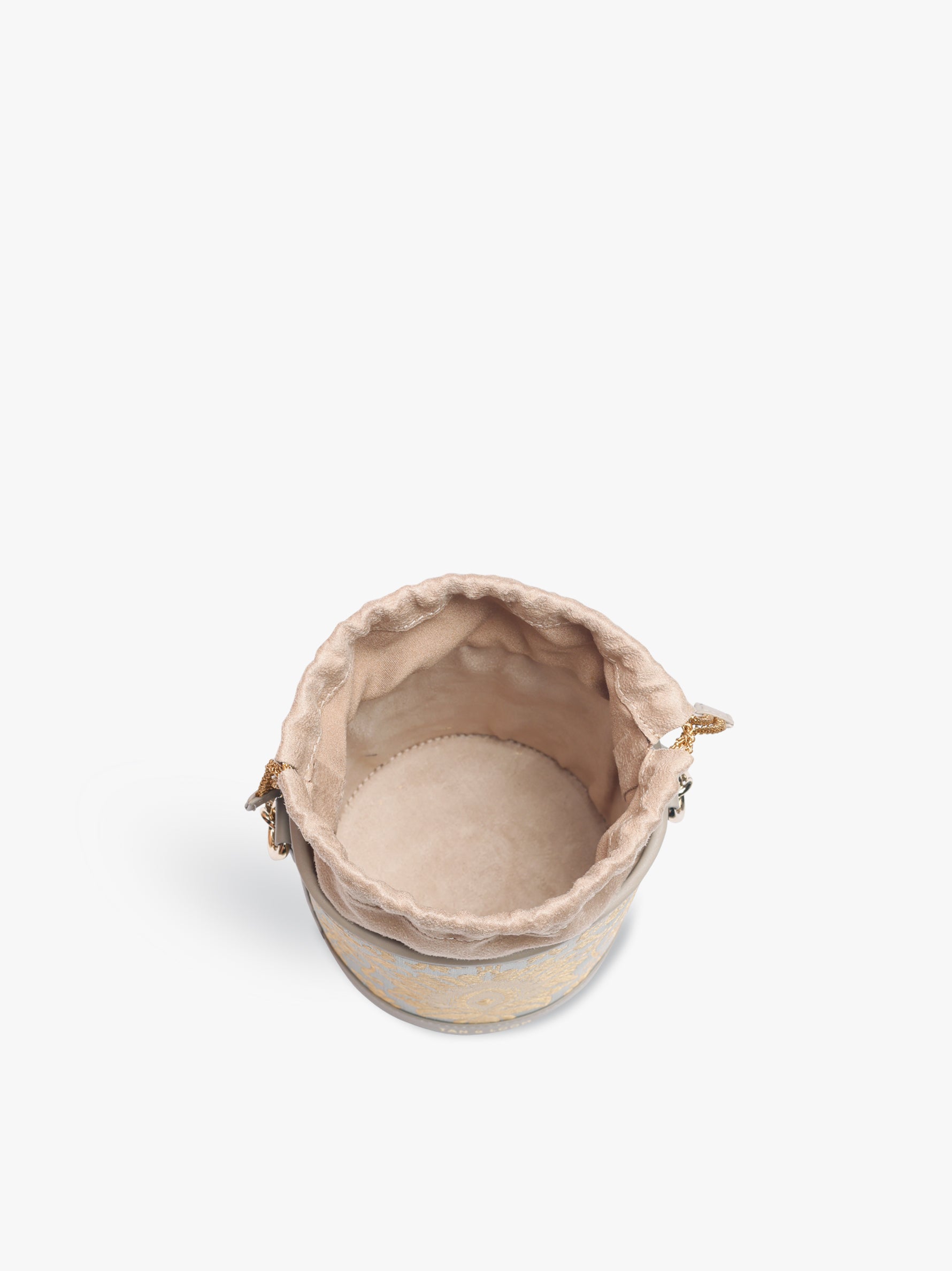 Handcrafted Mint Grey Genuine Leather & Banarasi Brocade Cylinder Potli Bag for Women Tan & Loom