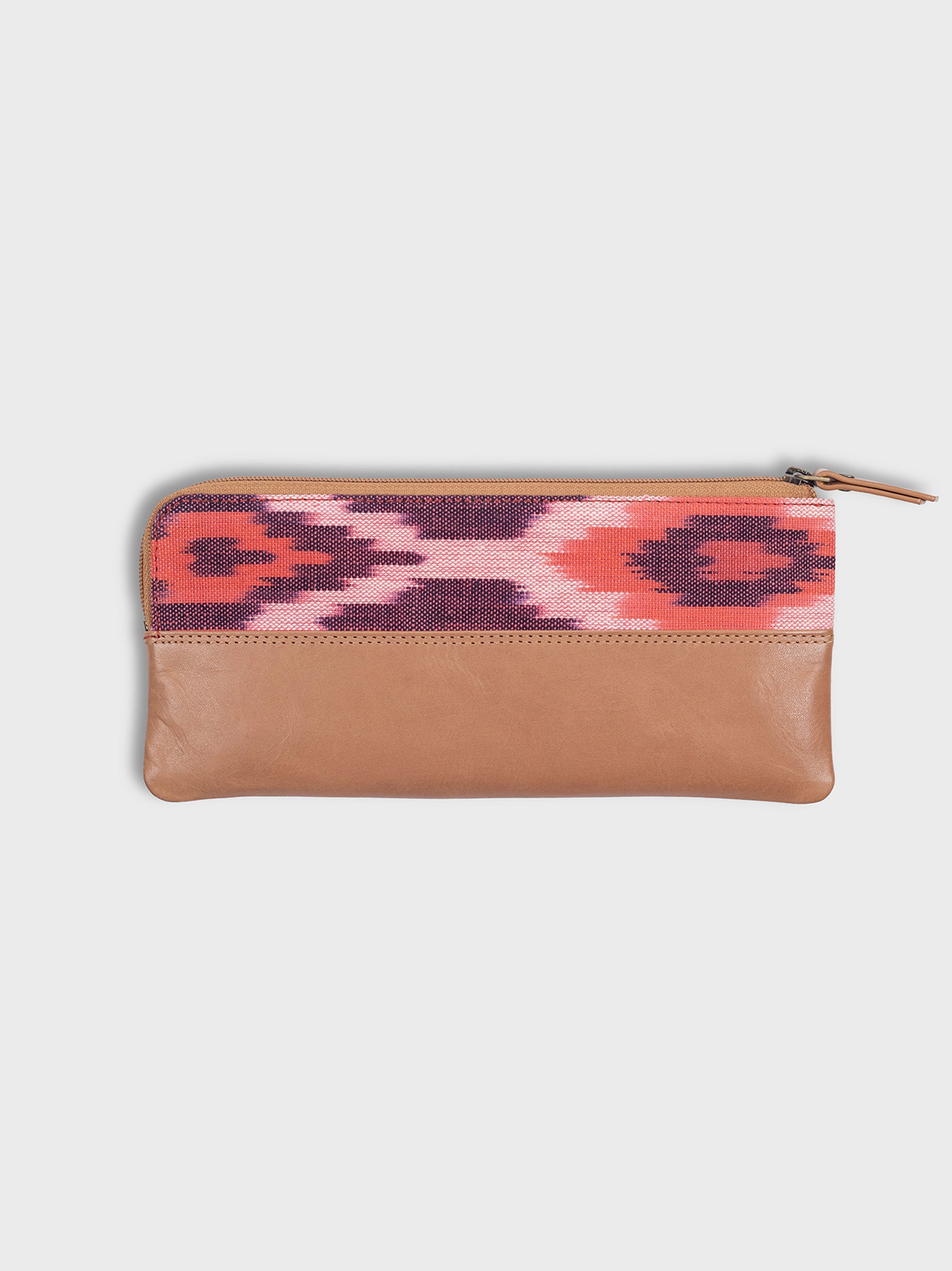 Handcrafted Premium Genuine Vegetable Tanned Leather & Pink Ikat Pencil Pouch for Women Tan & Loom