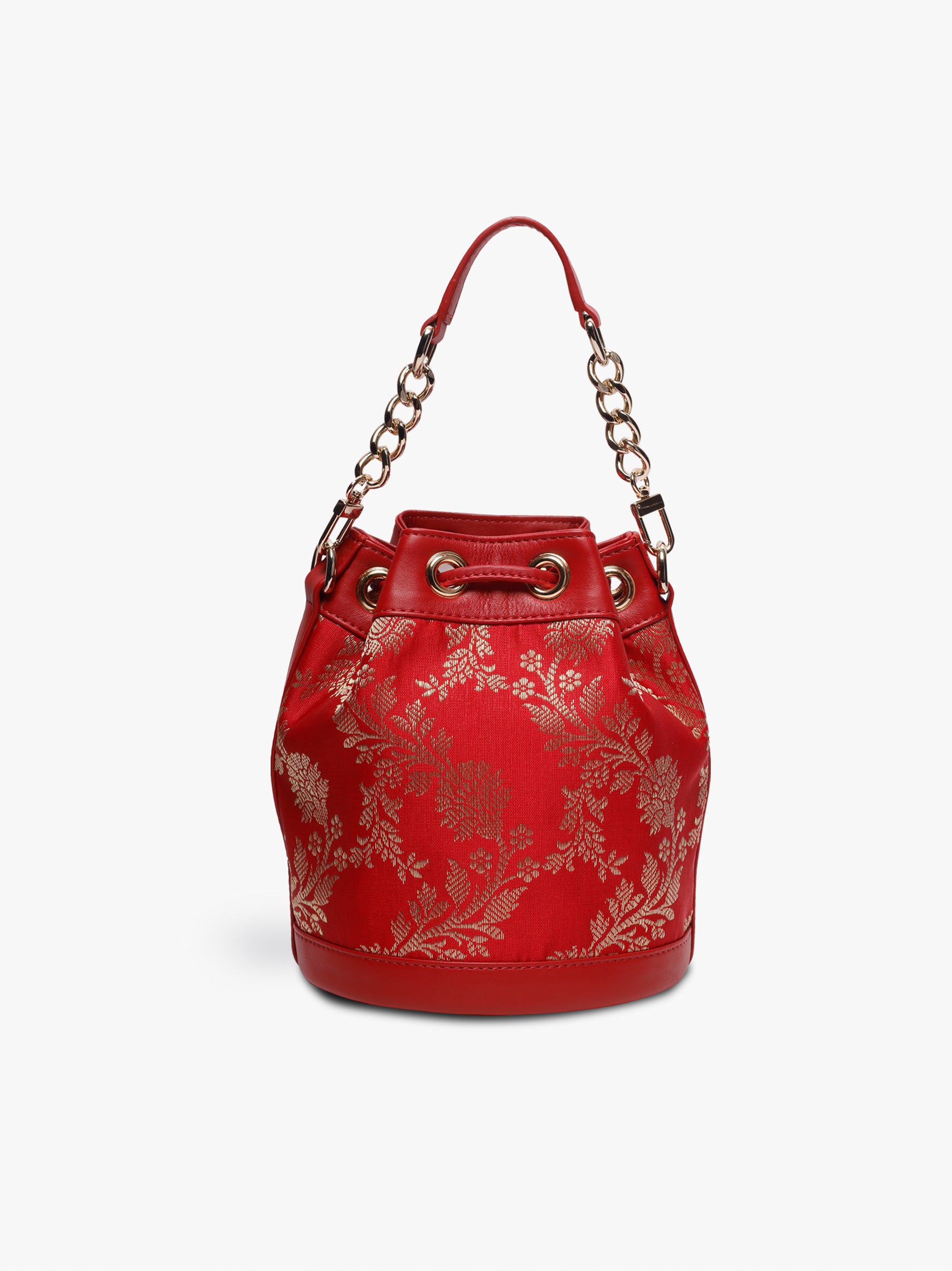 Handcrafted Red Genuine Leather & Banarasi Brocade Bombay Bucket Bag for Women Tan & Loom