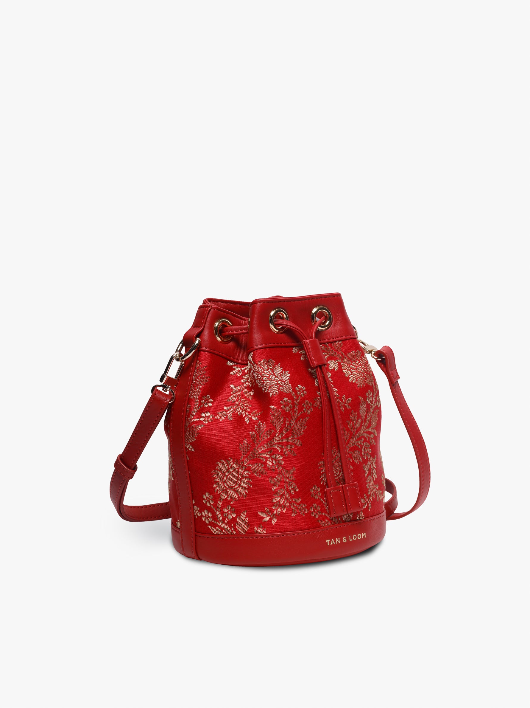 Handcrafted Red Genuine Leather & Banarasi Brocade Bombay Bucket Bag for Women Tan & Loom