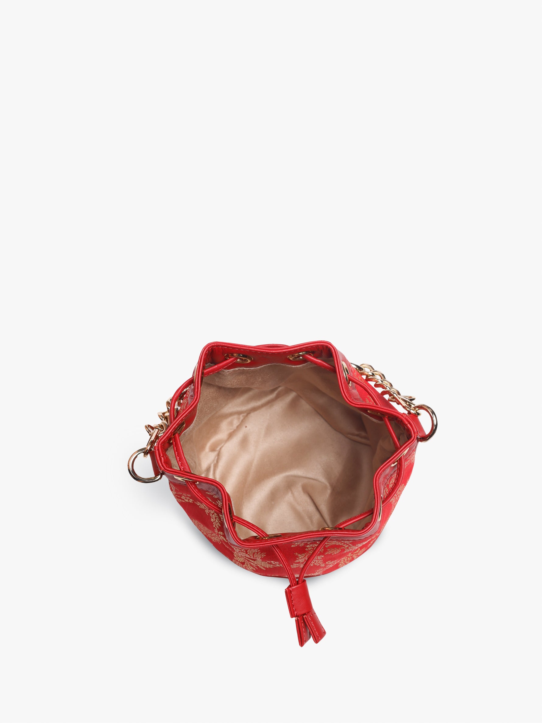 Handcrafted Red Genuine Leather & Banarasi Brocade Bombay Bucket Bag for Women Tan & Loom