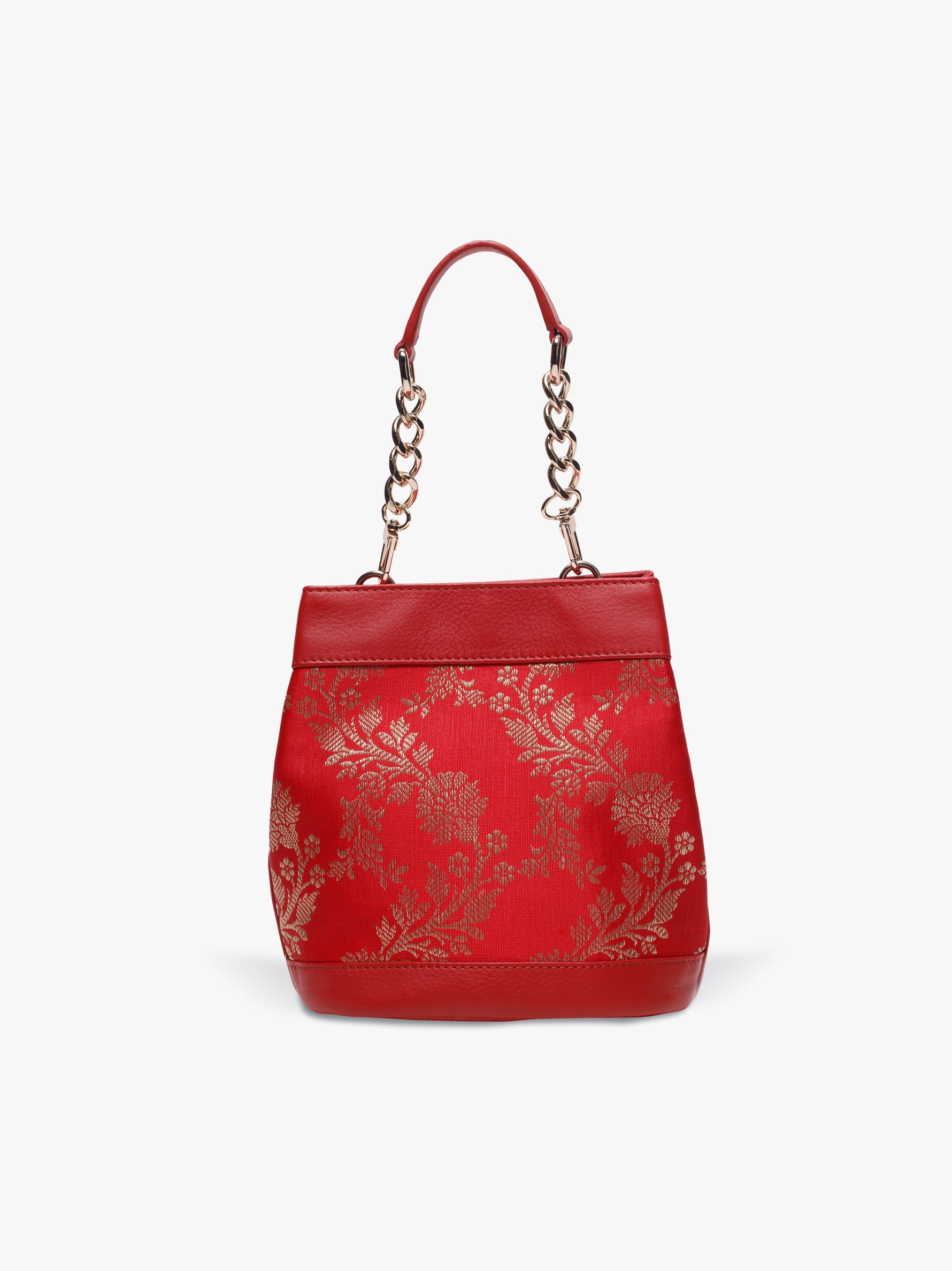 Handcrafted Red Genuine Leather & Banarasi Brocade Rani Batua for Women Tan & Loom