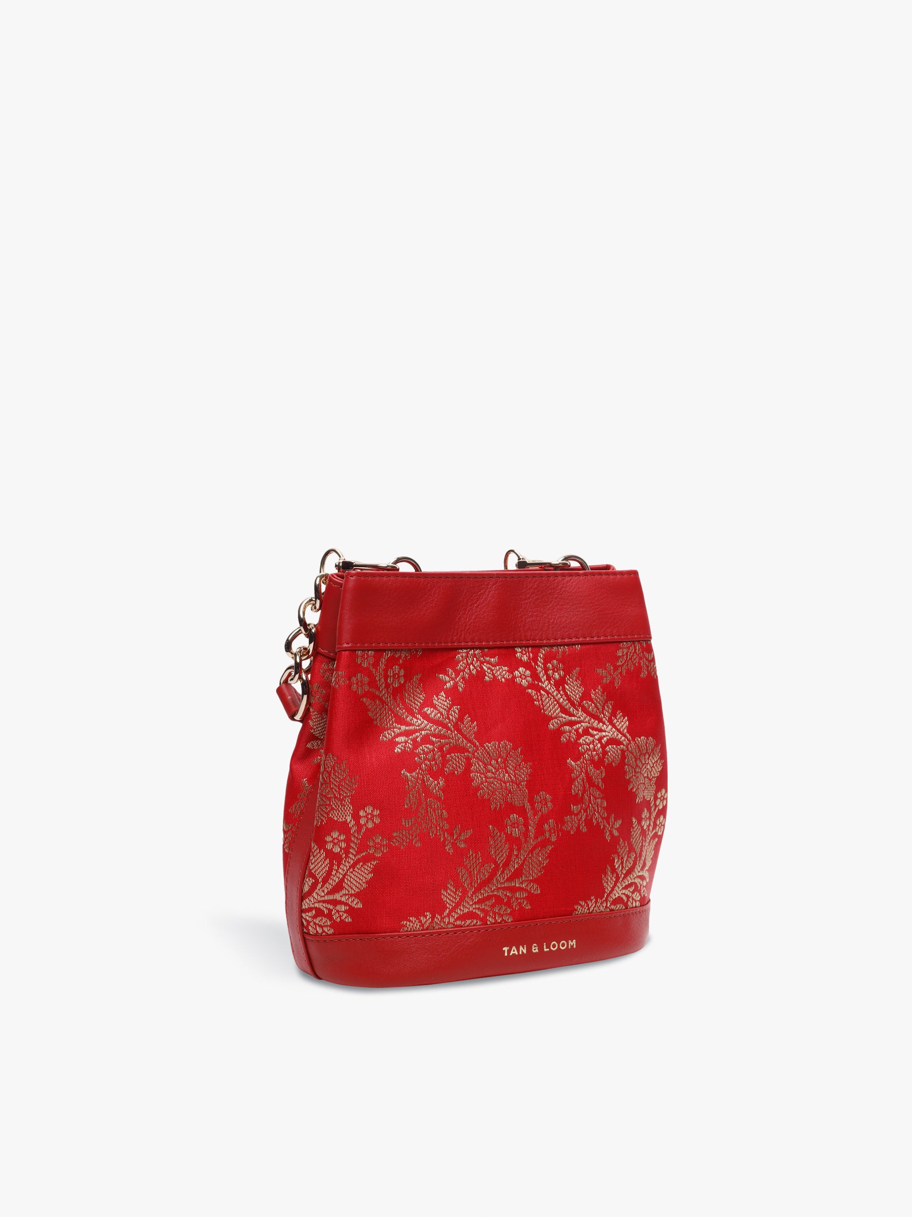 Handcrafted Red Genuine Leather & Banarasi Brocade Rani Batua for Women Tan & Loom
