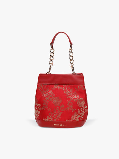 Handcrafted Red Genuine Leather & Banarasi Brocade Rani Batua for Women Tan & Loom