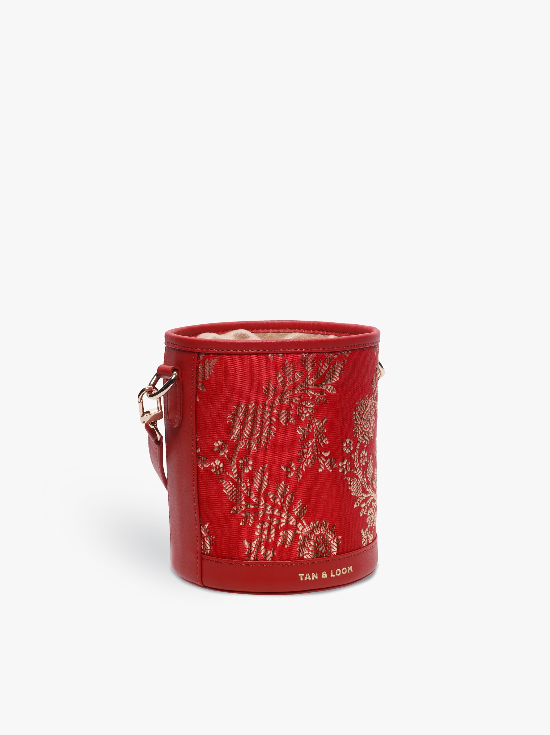 Handcrafted Red Genuine Leather & Banarasi Brocade Cylinder Potli Bag for Women Tan & Loom 