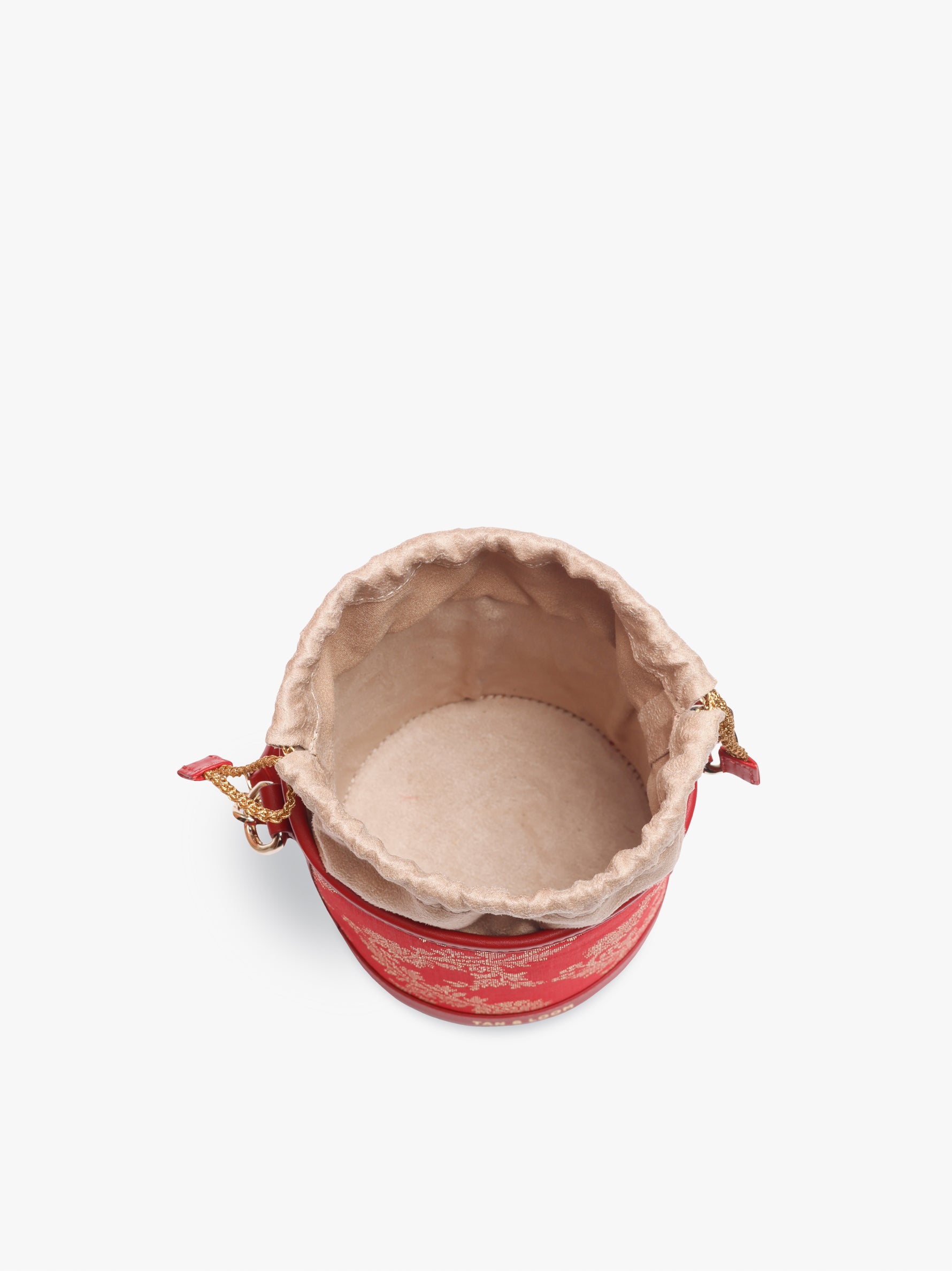 Handcrafted Red Genuine Leather & Banarasi Brocade Cylinder Potli Bag for Women Tan & Loom 